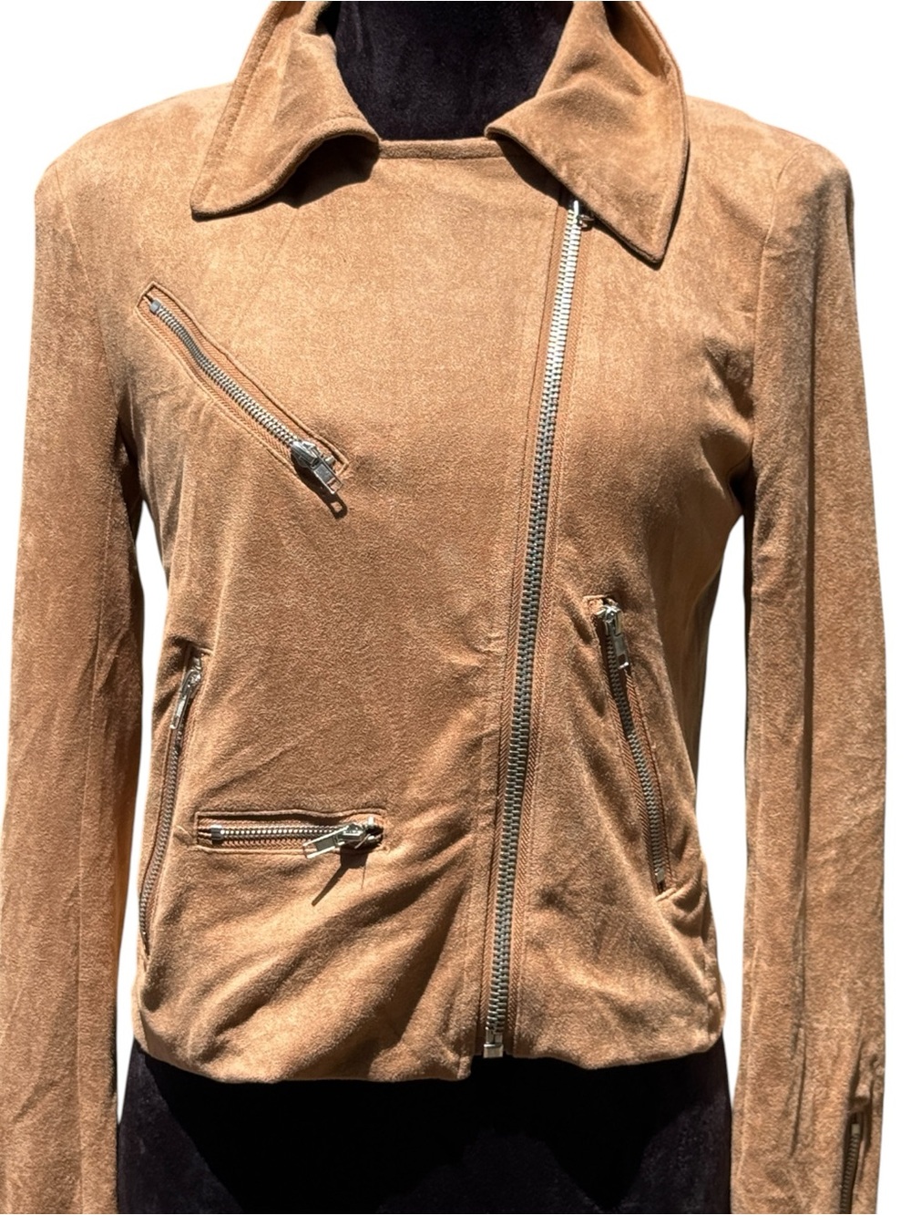 VICI Camel Faux Suede Moto Biker Jacket Medium Asymmetrical Zip Sleek - Picture 2 of 10